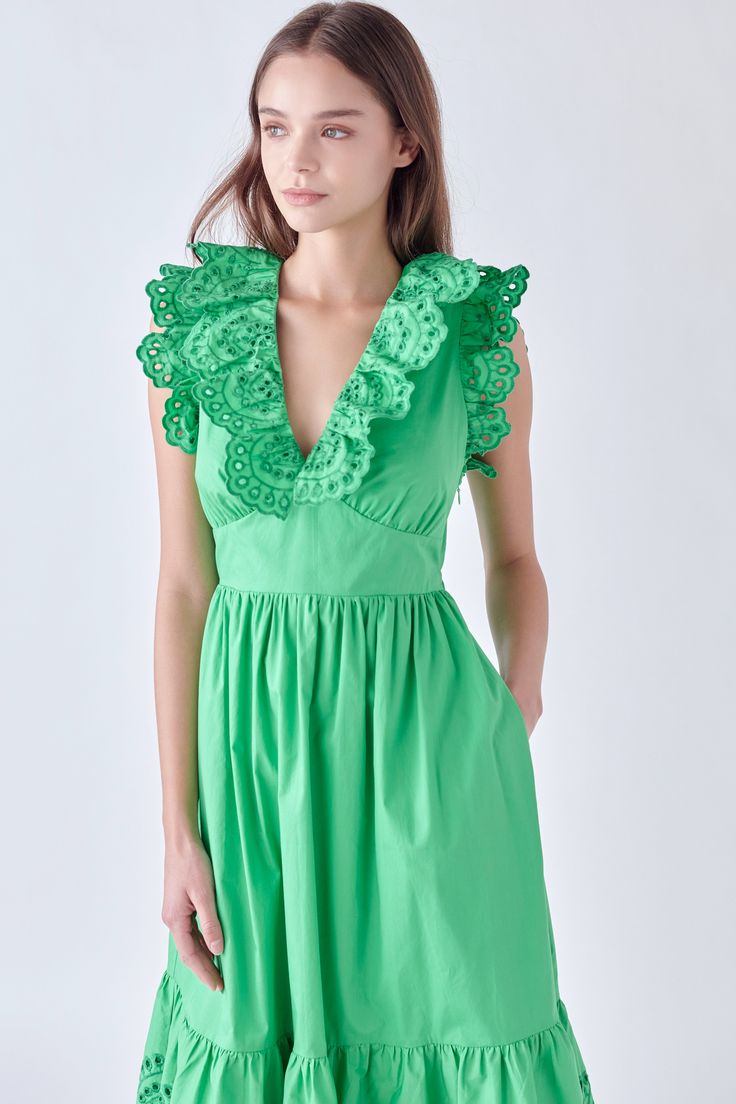 Looking for a summer dress that exudes femininity and charm? Look no further than our Eyelet Scallop Detail Midi Dress! With its pretty eyelet lace ruffles, this dress is perfect for an afternoon tea party or a day out with the girls. The V-neckline flatters the collarbone while the midi length keeps you cool and comfortable in the summer heat. An invisible side zipper closure ensures a smooth fit, while the lining prevents the dress from being sheer. Whether you're dressing up or down, this pretty little number is sure to put a smile on your face. V neckline Midi length Sleeveless Side invisible zipper closure Eyelet lace ruffled details Lined Hand wash cold Do not bleach Do not tumble dry Iron low Shell: 100% Cotton Lining: 100% Rayon JJ1382DTotal length: 46.75" Bust: 33"S GREEN: Height Pretty Midi Dresses, English Factory, Outdoor Event, Green Midi Dress, Eyelet Lace, Lace Ruffle, Delicate Details, Invisible Zipper, Hot Summer