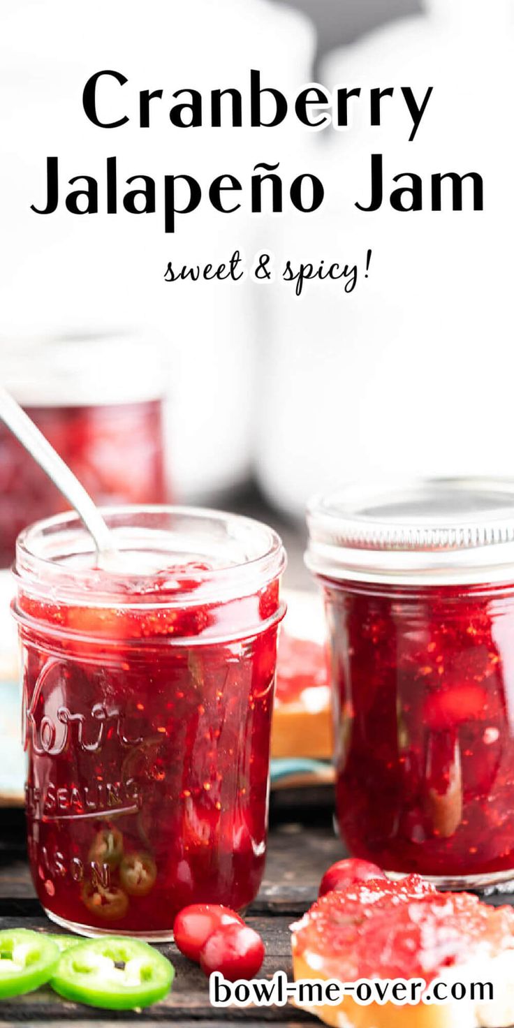 cranberry jalapeno jam in two jars with spoons on the side