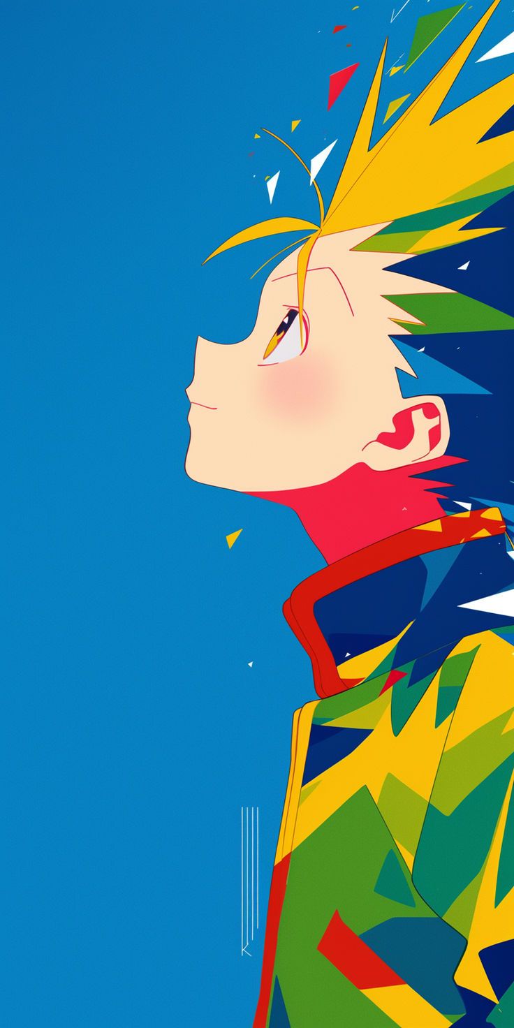 an anime character with colorful hair and blue sky in the background, looking up at something