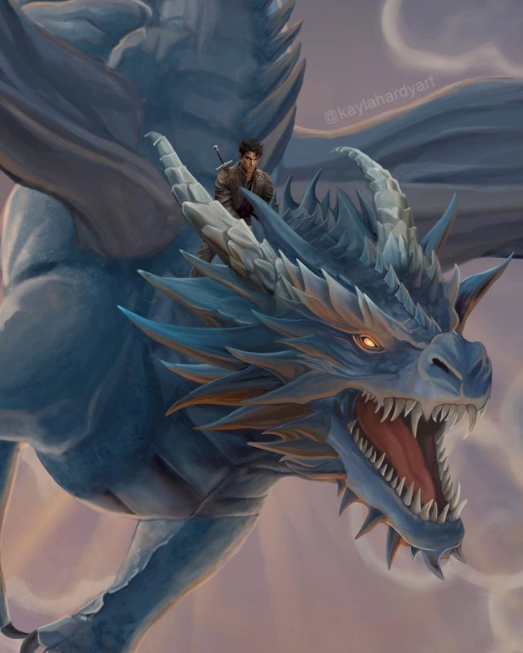 a man riding on the back of a blue dragon next to a sky with clouds