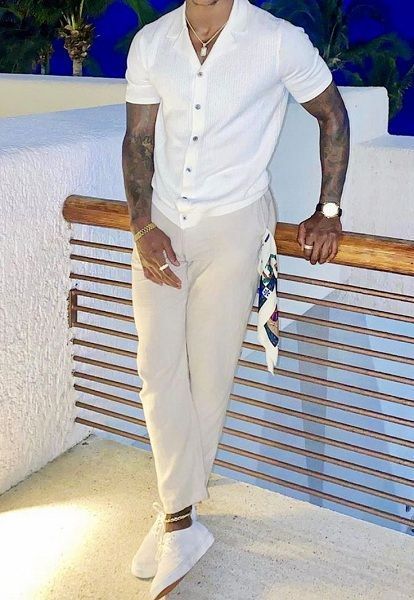 Miami Outfits Men Club, Men’s Summer Looks 2023, Men’s Designer Outfits, Wedding Ideas Outfit Men, White Vacation Outfit Men, Mens Accessories 2023, Summer Style Men 2023, Mens Summer 2023 Outfits, Mens Minimalist Wardrobe Street Styles