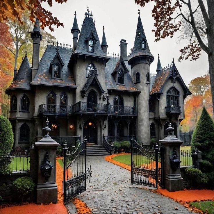 an old style house with many windows and gates