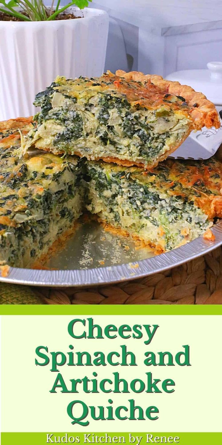 cheese spinach and artichoke quiche on a plate