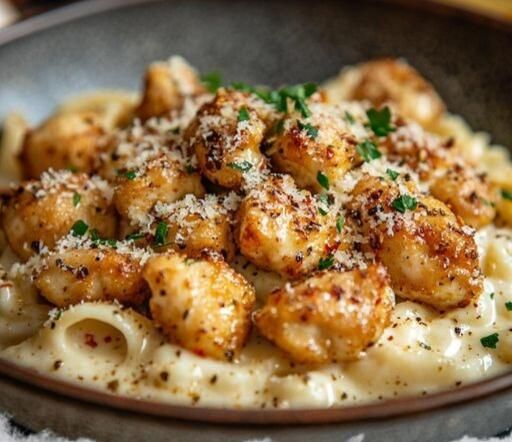 pasta with chicken and parmesan cheese in a bowl