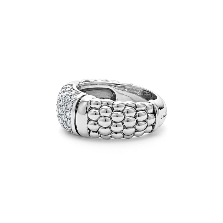 Pavé diamonds and sterling silver Caviar beading form this unique band ring. LAGOS diamonds are the highest quality natural stones.