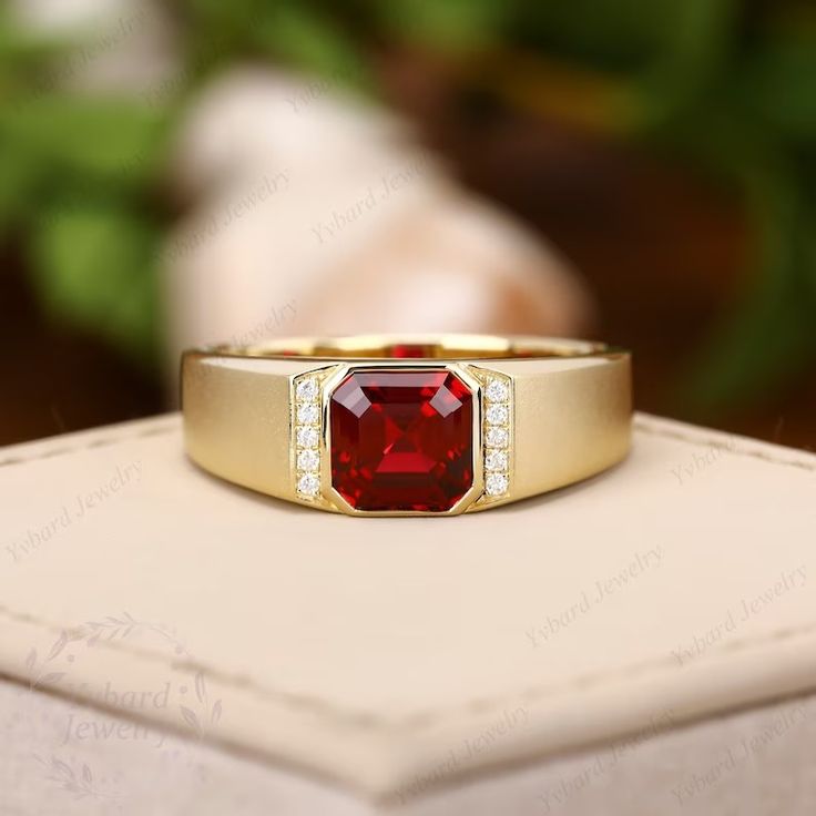 Buy 18K/14K/10K Solid Yellow Gold Lab Created Ruby Ring for Men Gold Band Red Gemstone Statement Rings Engagement Ring Wedding Ring Gift for Him Online in India - Etsy Red Ruby Ring For Men, Ruby Ring For Men In Gold, Ruby Ring Designs For Men, Men Gold Band, Ruby Ring For Men, Ruby Ring Men, Ring For Men Gold, Mens Ruby Ring, Couples Ring