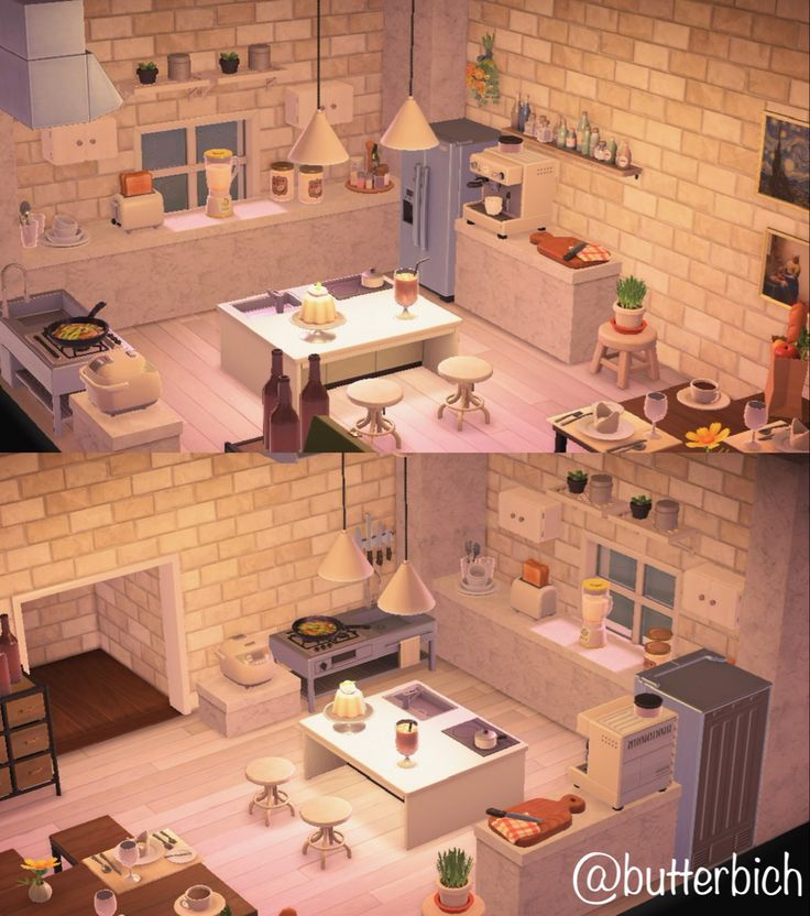 two pictures of the same kitchen and living room