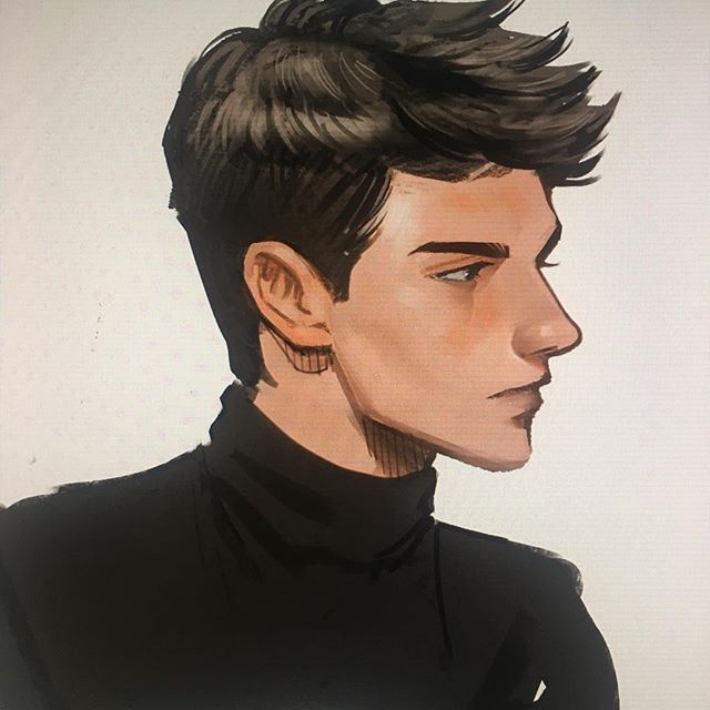 a drawing of a man with short hair and black turtle neck shirt, looking off to the side