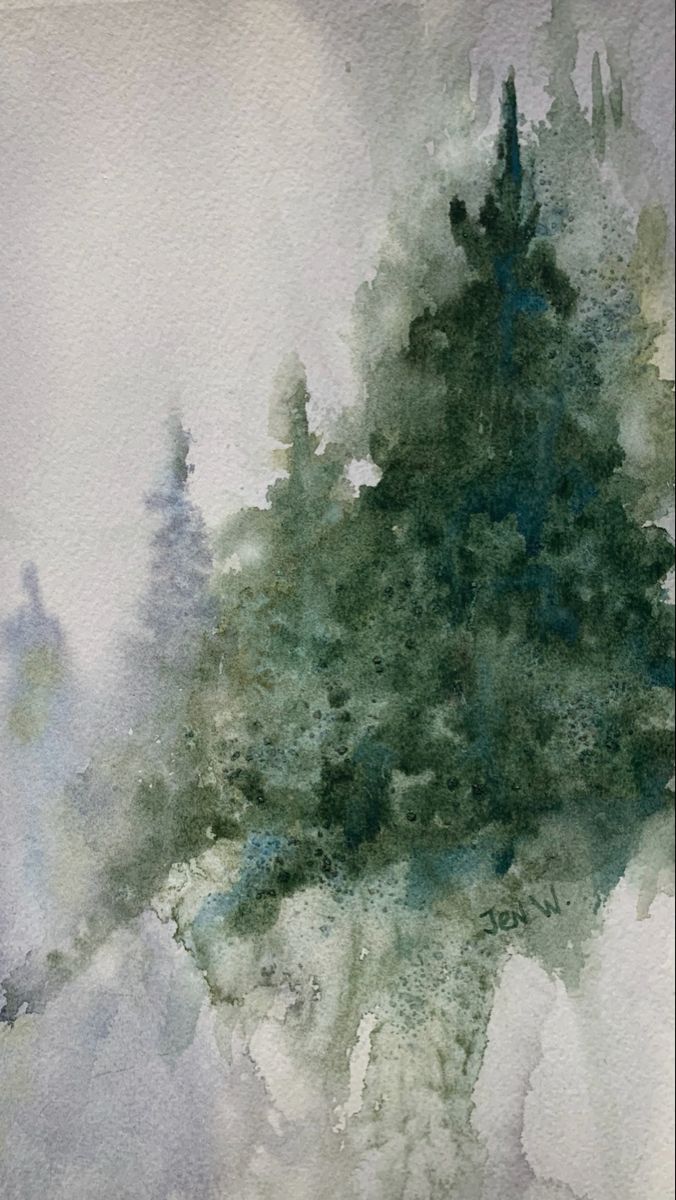 an abstract painting of trees in the fog