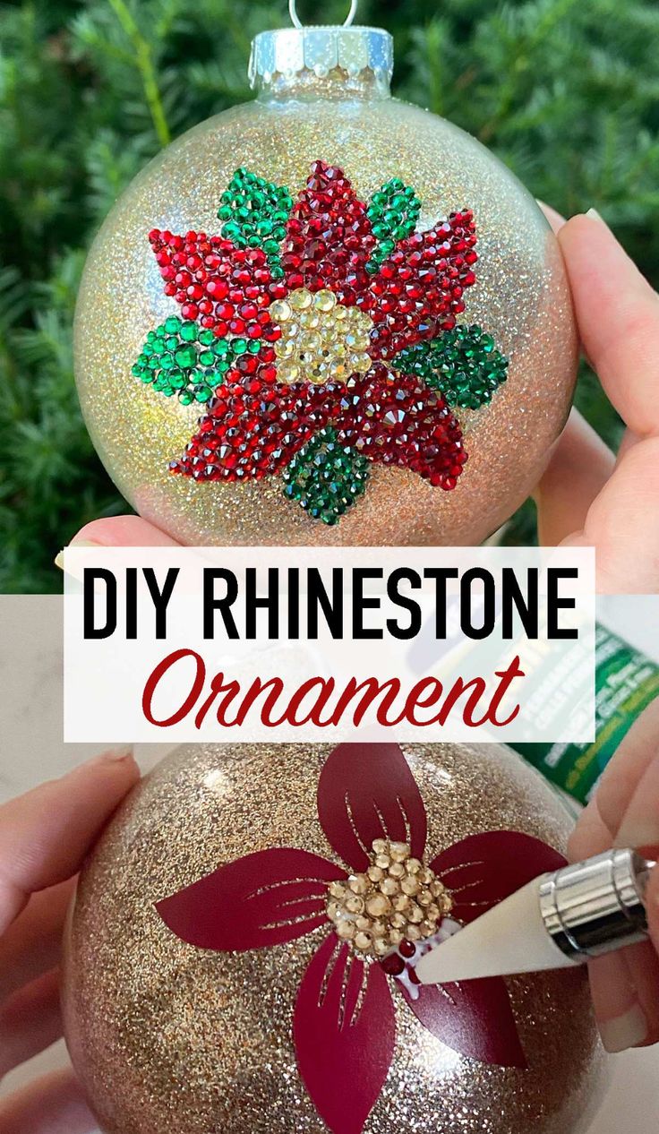 a hand holding a christmas ornament with the words diy rhinoestone on it