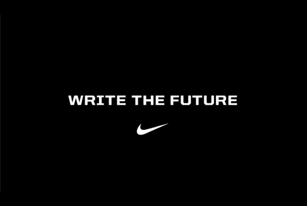 the words write the future written in white on a black background with a nike logo