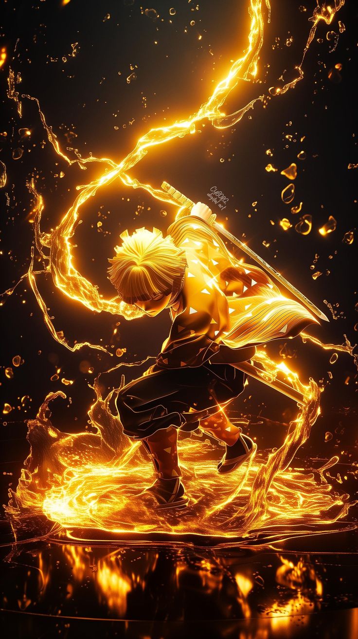 an anime character with fire and water around him