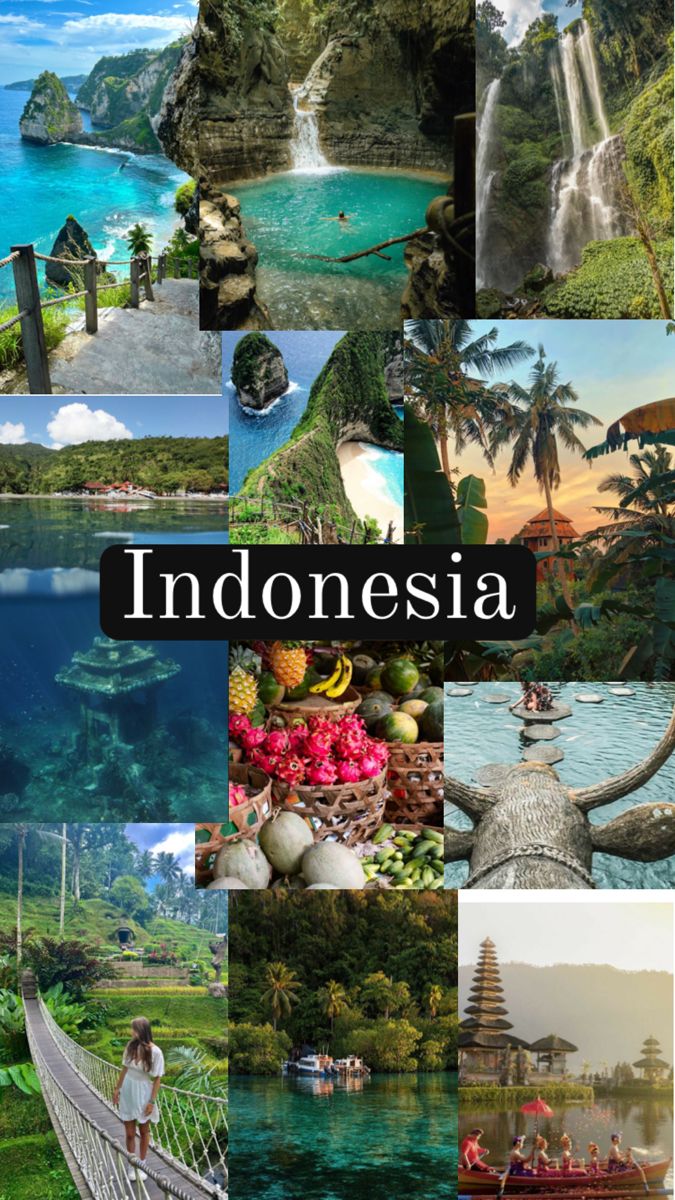 there are many different pictures with the words indonesia on them and below it is a woman standing on a rope bridge