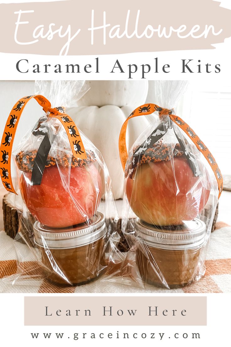 two plastic bags filled with apples sitting on top of a checkered table cloth and text overlay that says easy halloween caramel apple kits