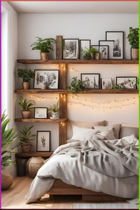 a bedroom with lots of plants and pictures on the wall above the bed, along with lights