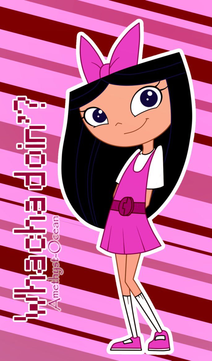 a cartoon girl with long black hair and pink dress standing in front of a striped background