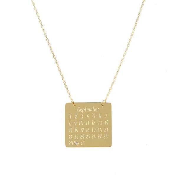 A unique twist on the traditional monogram, our custom calendar necklace will have the date of your choice punched out with a heart or overlayed with a diamond chip. Measurements (approximate): Pendant - 3/4"; on a 16" chain with a 3" extender Materials: Gold vermeil, sterling silver Personalized Charm Necklace For Anniversary With Square Pendant, Personalized Charm Necklace With Square Pendant For Anniversary, Personalized Square Pendant Jewelry For Mother's Day, Personalized Square Pendant For Mother's Day, Stamped 14k Gold Necklace For Anniversary, Valentine's Day Nameplate Jewelry With Engraving Option, Customizable 14k Gold Charm Necklaces For Anniversary, Customizable Adjustable Birthstone Necklace For Anniversary, Engraved Initial Pendant Birthstone Necklace For Anniversary