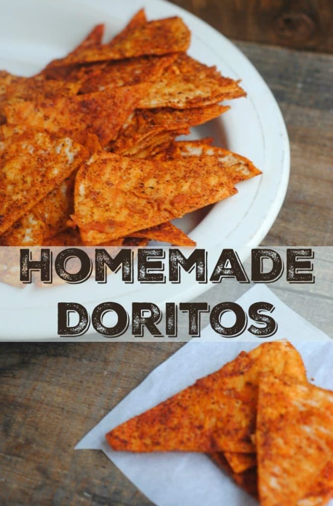 homemade tortilla chips on a plate with text overlay that reads homemade tortillas