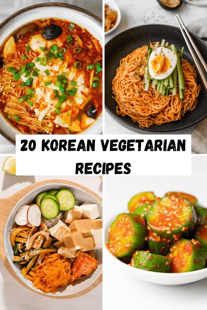 various korean vegetarian dishes with chopsticks, noodles and cucumbers in them