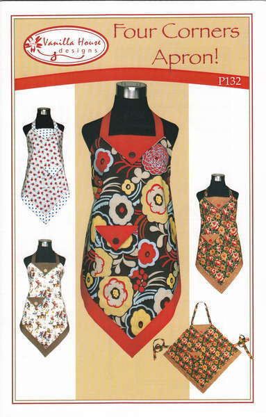 four aprons with different designs on the front and back, all in one pattern