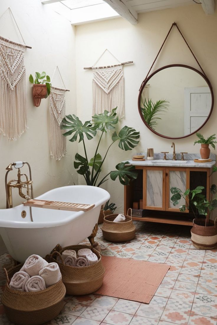 Cozy bohemian bathroom featuring a freestanding tub, macramé wall hangings, indoor plants, and stylish decor with towels in woven baskets Boho Bathrooms Bohemian, Cozy Spa Bathroom, Bathroom With Lots Of Plants, Earthy Boho Bathroom Ideas, Spa Bathroom Aesthetic, Bohemian Bathroom Decor Ideas, Boho Chic Bathroom Ideas, Holistic Bathroom, Meditation Bathroom