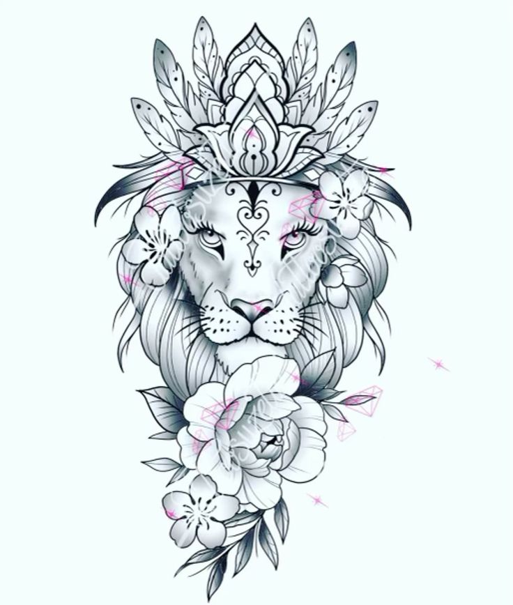 a drawing of a lion with flowers on its head