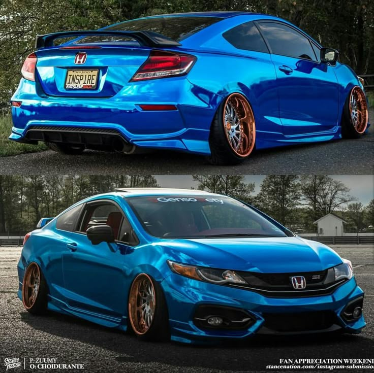 two pictures of the same blue car, one with gold rims and another with orange wheels