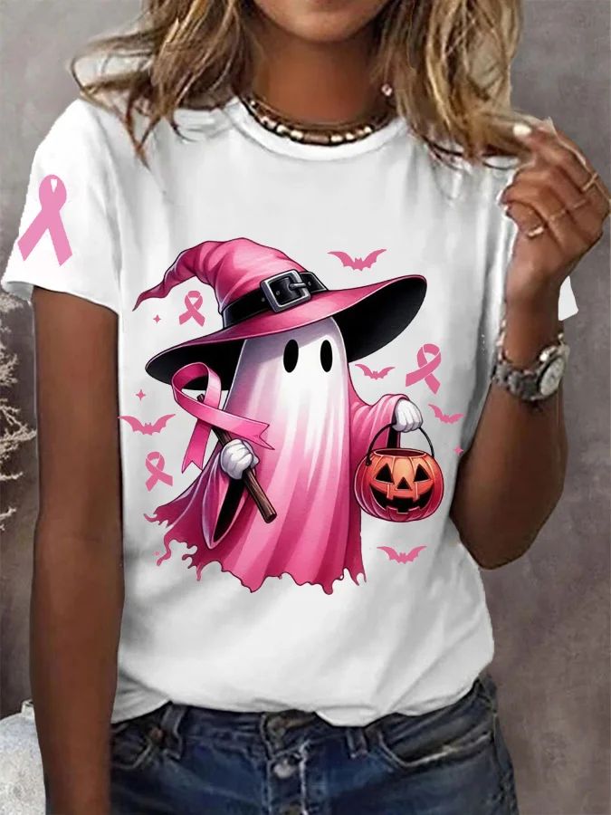 Come to Lilicloth.com to buy T-shirts at a discounted price, SPU: 1W6CT-93CDE0, Color: White Black Gray, Elasticity:Micro-Elasticity, Sleeve Length:Short Sleeve. Pink Halloween T-shirt With Letter Print, White Graphic Print Tops For Awareness Events, Summer Halloween, In October We Wear Pink, Pink Halloween, Halloween Fashion, Loose Shorts, Halloween Ghost, Printed Sleeves