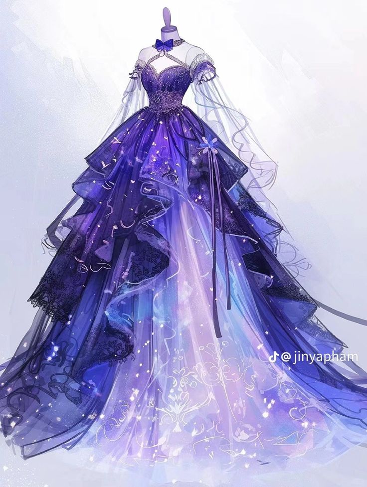 Purple Fantasy Dress, Beautiful Princess Dresses, Star Dresses, Magical Dress, Dress Design Drawing, Clothing Design Sketches, Fashion Drawing Dresses, Drawing Style, Drawing Anime Clothes