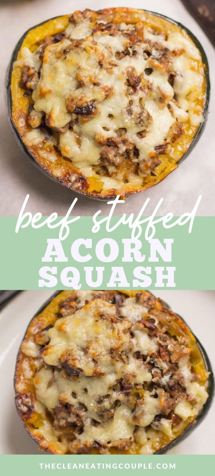 two images of stuffed acorn squash with meat and cheese in the middle, on a white plate