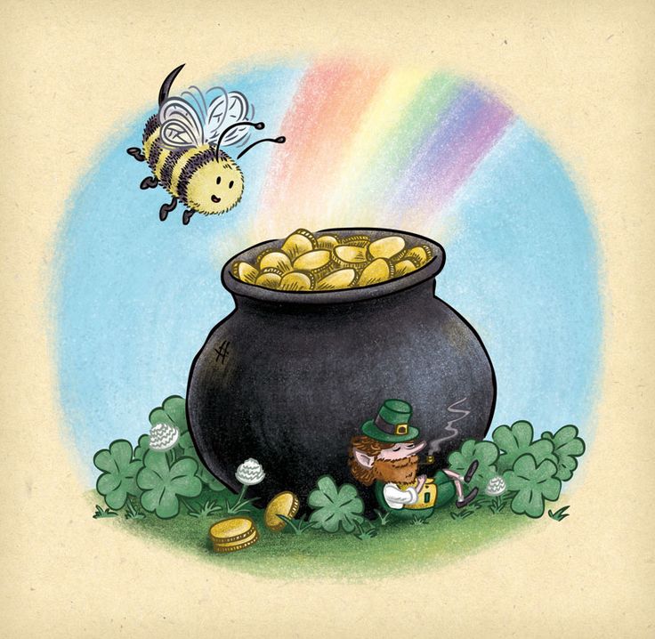 a pot full of gold coins with a bee flying over it and a rainbow in the background