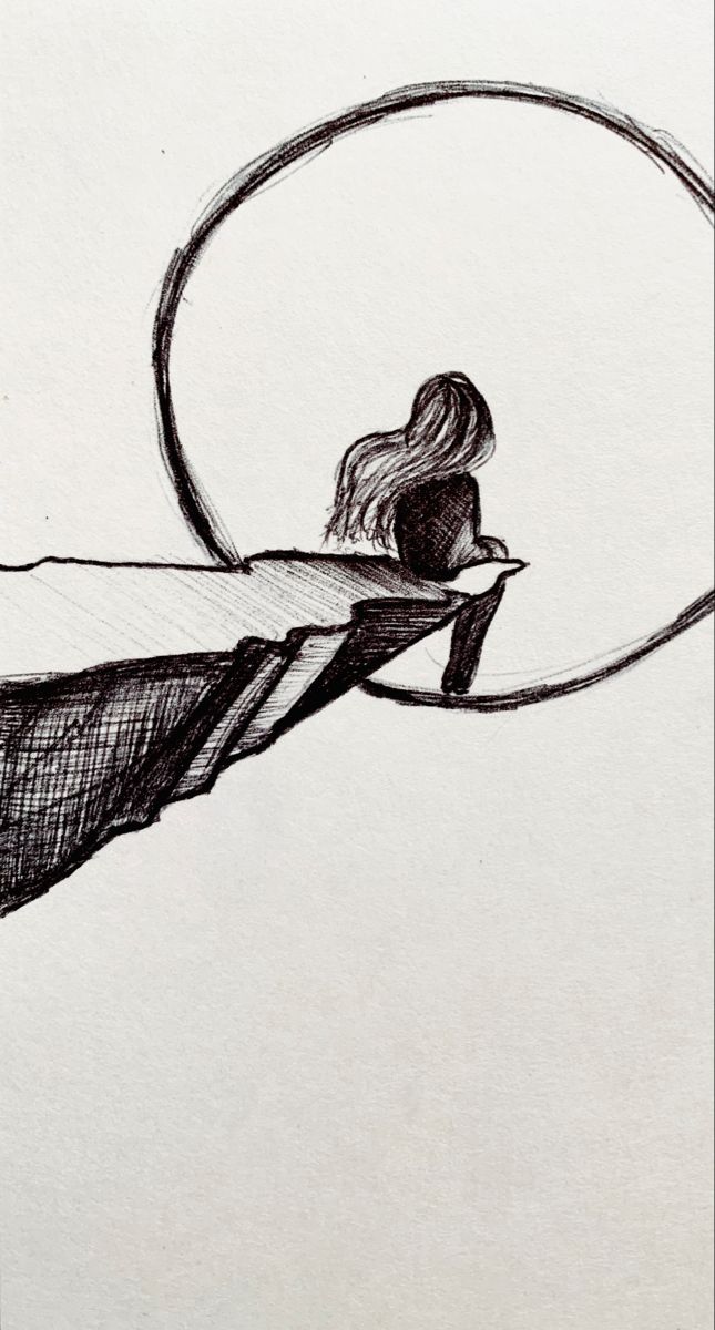 a pencil drawing of a woman sitting on top of a wave with her back to the camera