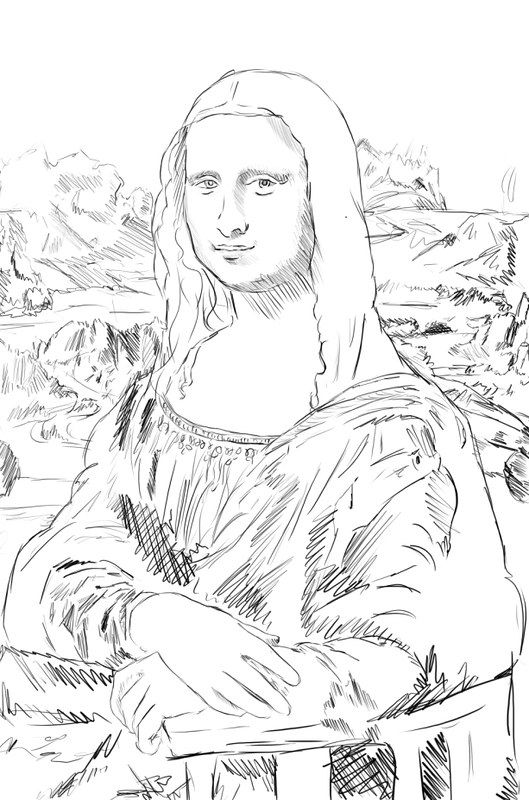 a black and white drawing of a woman sitting on a bench with her arms crossed