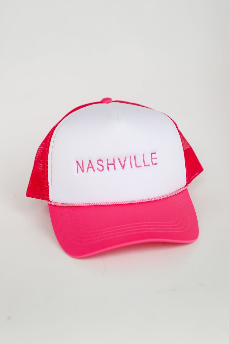 Nashville Embroidered Trucker Hat Spring Trucker Hat With Curved Brim, Spring Trucker Hat With Flat Brim, Mesh Trucker Hats One Size Fits Most, Spring Trucker Hat, One Size Fits Most, White Mesh Snapback Hat For Spring, White Mesh Trucker Hat For Spring, Spring Trucker Cap, One Size Mesh Back Trucker Hat With Curved Brim, Pink Mesh Hat With Curved Brim