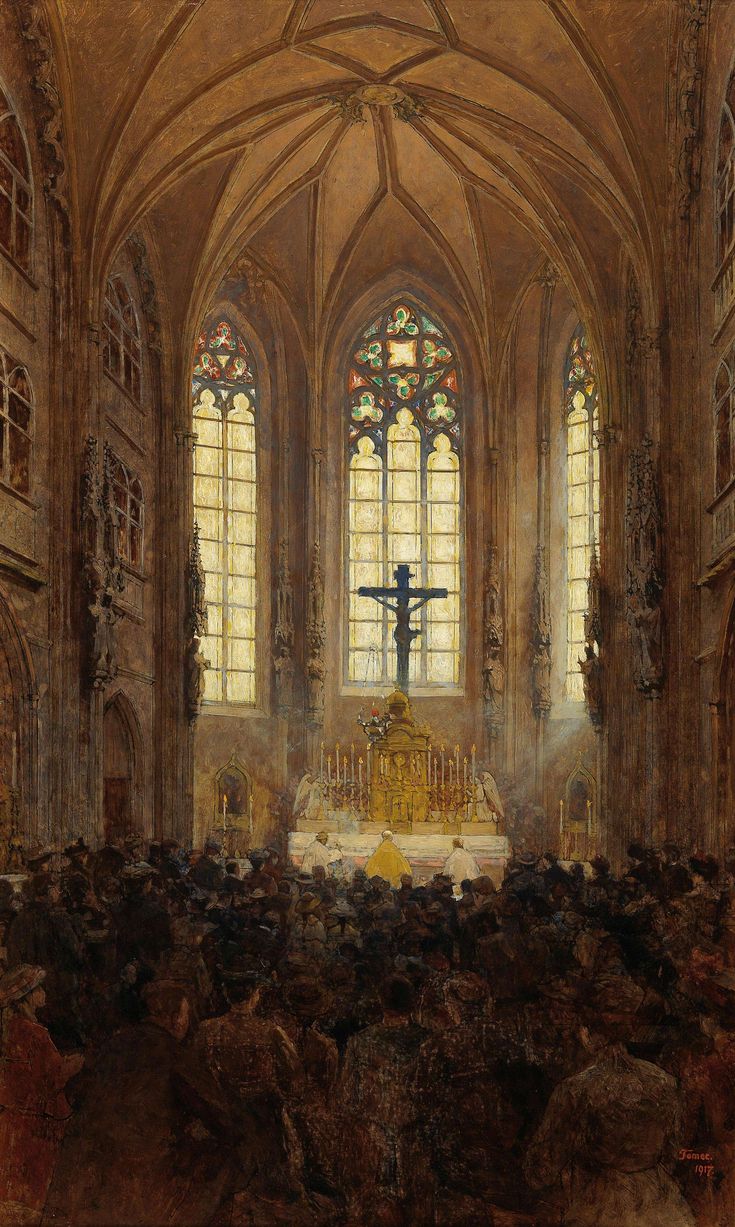 an image of a painting of a church with people standing in front of the alter