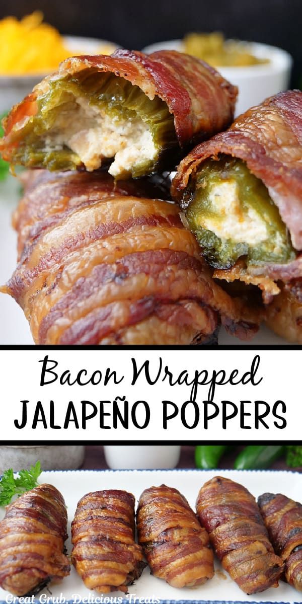 bacon wrapped jalapeno poppers on a plate with other food items in the background