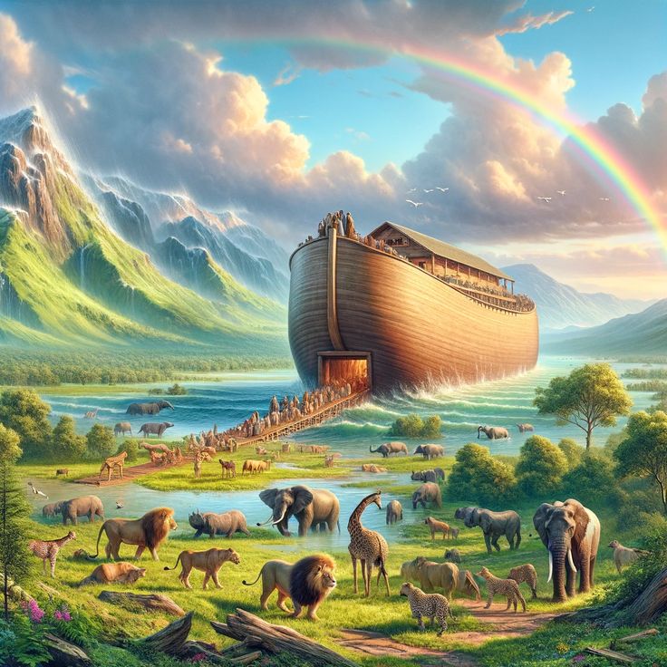 a painting of noah's ark in the wilderness with animals surrounding it and a rainbow