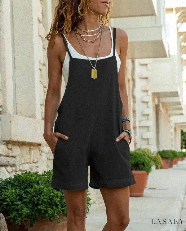 Lasaky - Adjustable Monochrome Casual Overall Shorts Loose Playsuit, Summer Jumpsuit Casual, Oufits Casual, Pocket Jumpsuit, Solid Jumpsuit, Linen Romper, Linen Casual, Jumpsuits And Romper, Casual Jumpsuit