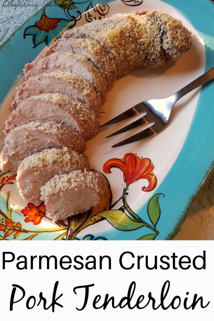 there is a plate with some food on it and the words parmesan crusted pork tenderloin