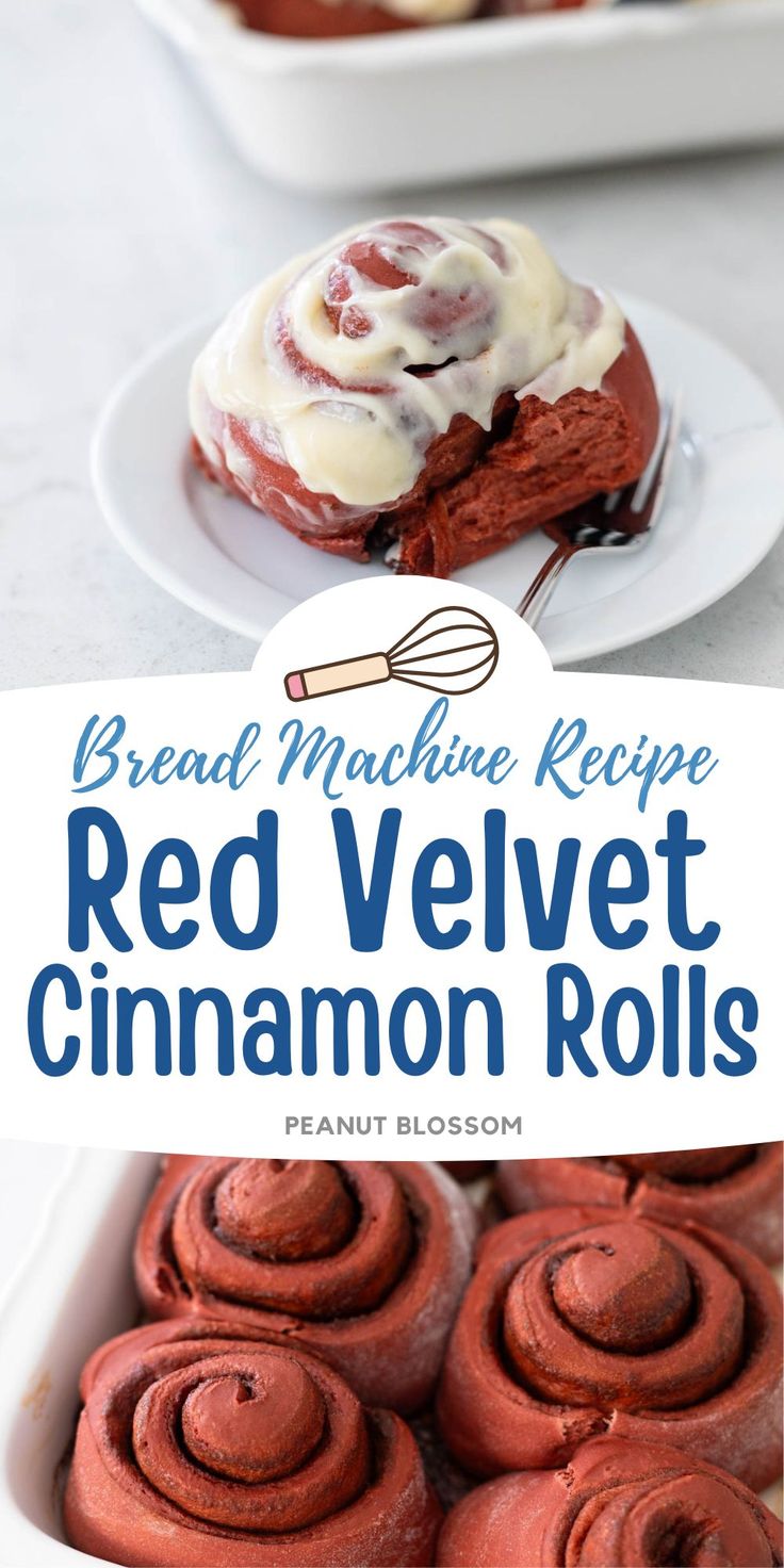 red velvet cinnamon rolls with cream cheese frosting in a white dish on a table