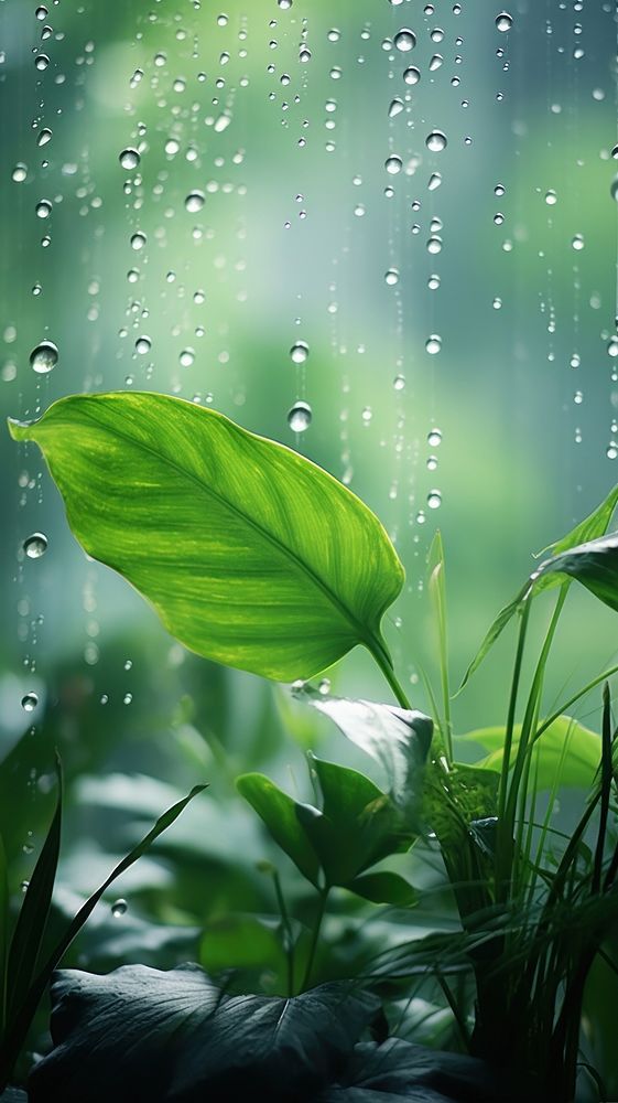 a green plant with water droplets on it's leaves and grass in the foreground