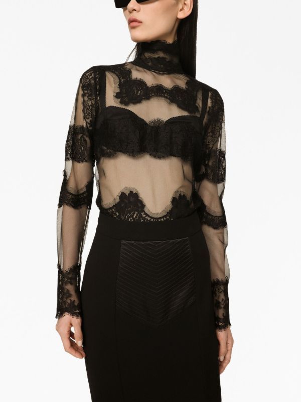 Dolce & Gabbana lace-panelled high-neck Top - Farfetch Skirts Midi High Waisted, Scallop Edge, High Neck Top, Turtleneck Top, High Neck Long Sleeve, Black Midi Skirt, Lace Insert, Turtle Neck Top, Lace Panelled