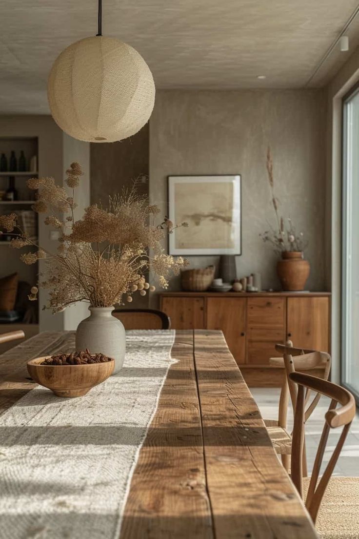 a wooden table with two vases on top of it next to a large window