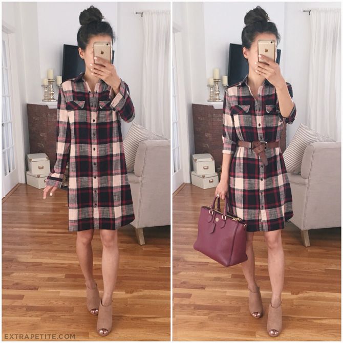 Plaid shirtdress outfit idea for fall - add a waist belt, neutral booties + colorful tote bag Plaid Shirtdress Outfit, Plaid Shirt Dress Outfit, Shirt Thrift, Shirtdress Outfit, Thrifty Fashion, Thrift Store Fashion, Diy Fashion Trends, Thrift Store Outfits, Shirt Dress Outfit