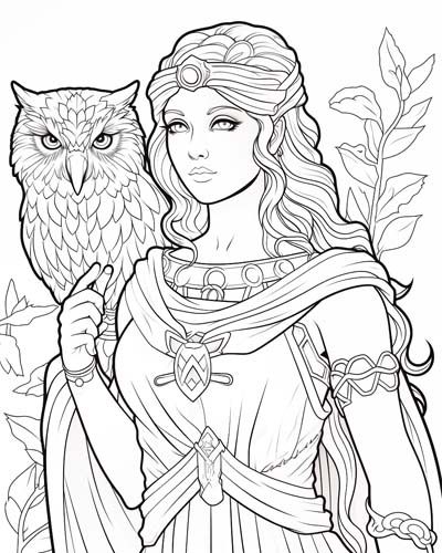 free printable coloring page of Athena and an owl. Athena Goddess Drawing, Athena Drawing, Goddess Coloring Pages, God Drawings, Greek Goddess Athena, Athena Greek Goddess, Greek Goddess Of Wisdom, Goddess Of Wisdom, Owl Coloring Pages