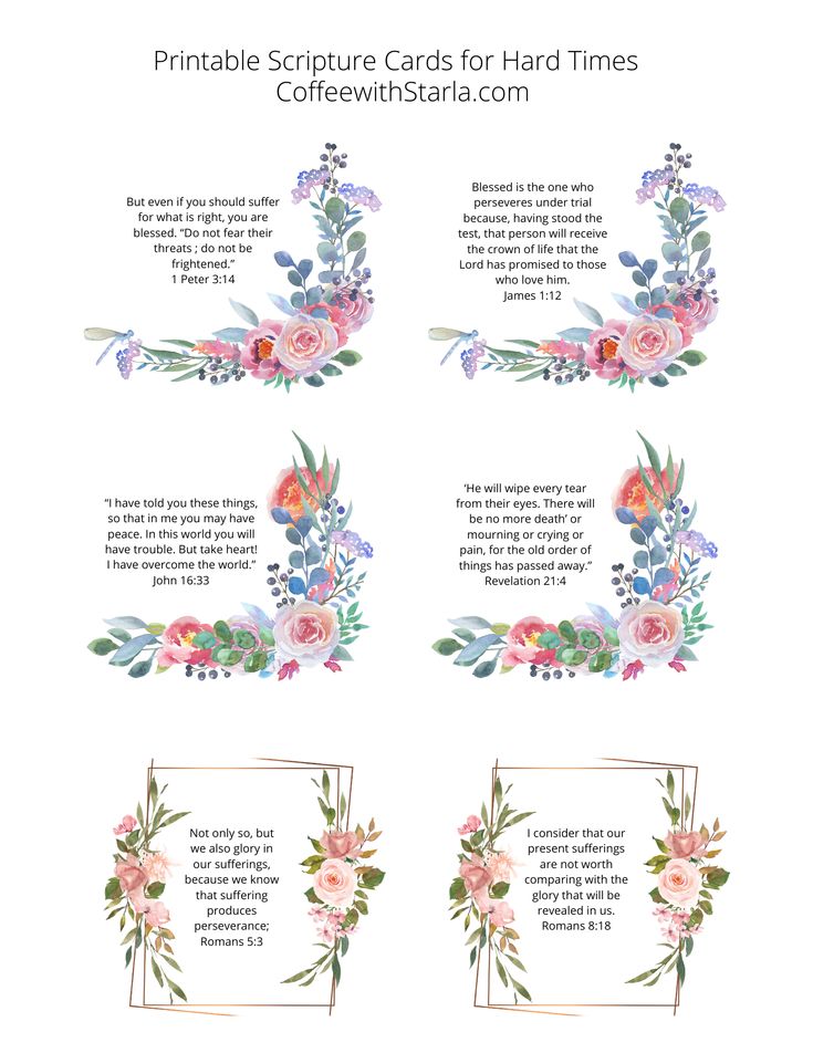 printable scripture cards for hard times with flowers and leaves in the center, on white background