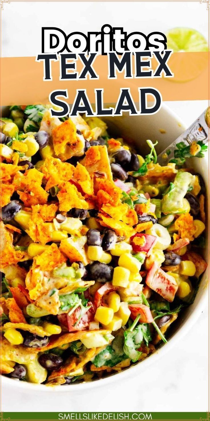 a bowl full of mexican salad with the words doritos tex mex salad