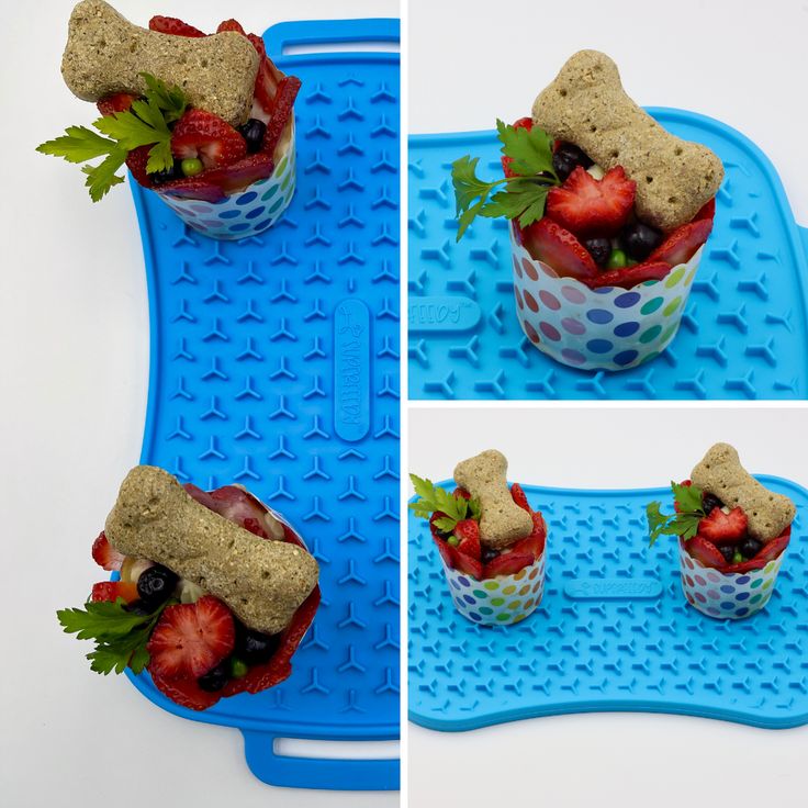 three pictures of strawberries and dog biscuits in cups