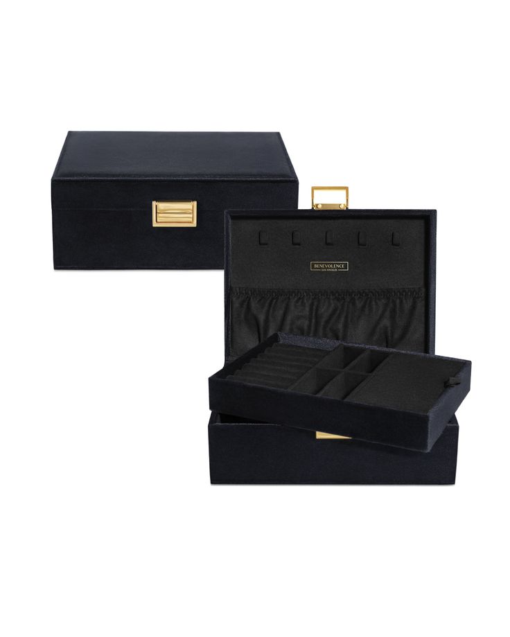 two black boxes with gold trims on each side and the lid open to show an empty