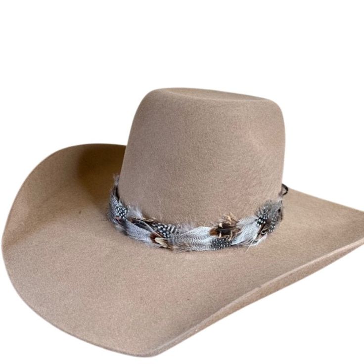 Arriving in Early May. Natural feather hat band. Adjustable with a leather tie. Natural colored feathers Adjustable hatband Approx. 1 inch wide *This product is for 1 single hat band. Hat not included. Rodeo Fedora Felt Hat With Feather Trim, Felt Fedora With Feather Trim For Rodeo, Western Fedora With Feathers And Flat Brim, Western Style Fedora With Feathers And Flat Brim, Wide Brim Felt Hat With Feathers For Ranch, Flat Brim Feathered Ranch Hat, Wide Brim Felt Hat With Feathers For Outdoor, Curved Brim Felt Hat With Feathers For Ranch, Western Style Brimmed Fedora With Feathers